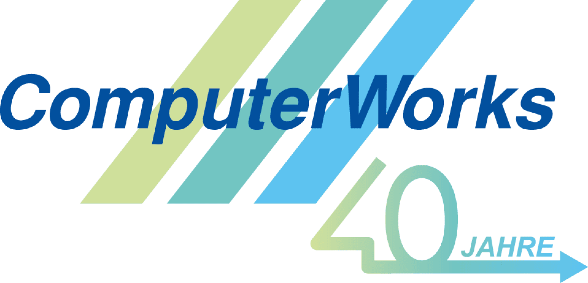 Logo avec le texte « ComputerWorks » en bandes bleues et vertes en arrière-plan. En dessous, un grand « 40 » et le mot « JAHRE » (années en allemand) avec une flèche, indiquant un 40e anniversaire.