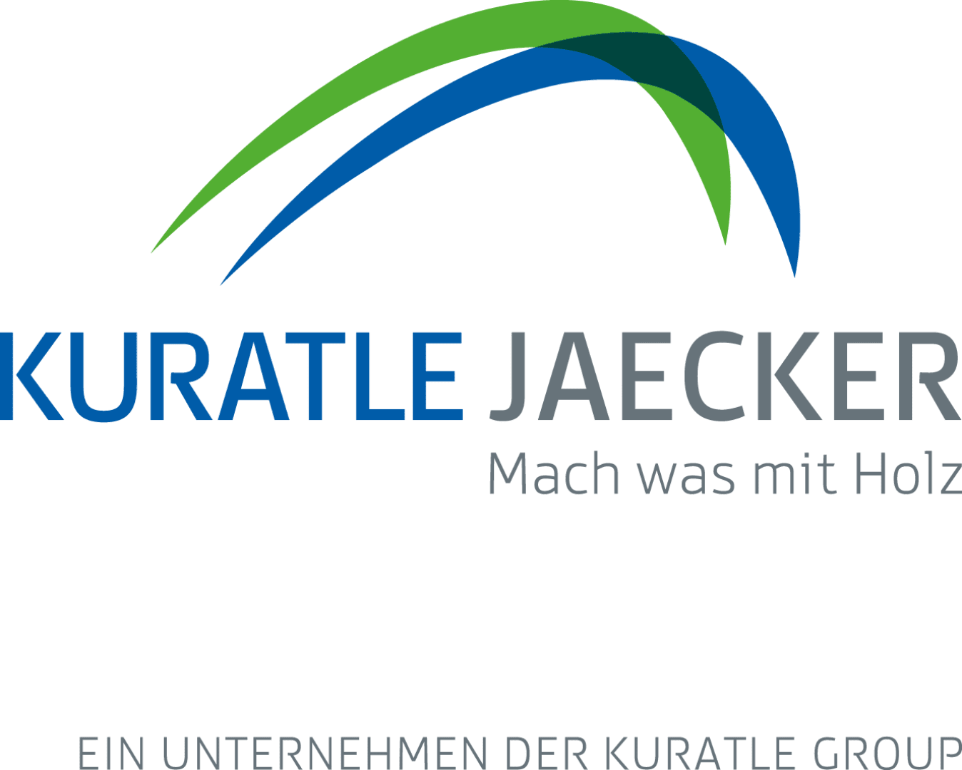 Logo aux lignes courbes vertes et bleues au-dessus du texte KURATLE JAECKER et du slogan « Machine was mit Holz ». En dessous, on peut lire en petit texte : « Ein Unternehmen der Kuratle Group ».